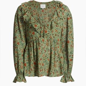 Reformation Wyn Floral Top Green 0 Ruffle Puff Sleeve Cottagecore Blouse